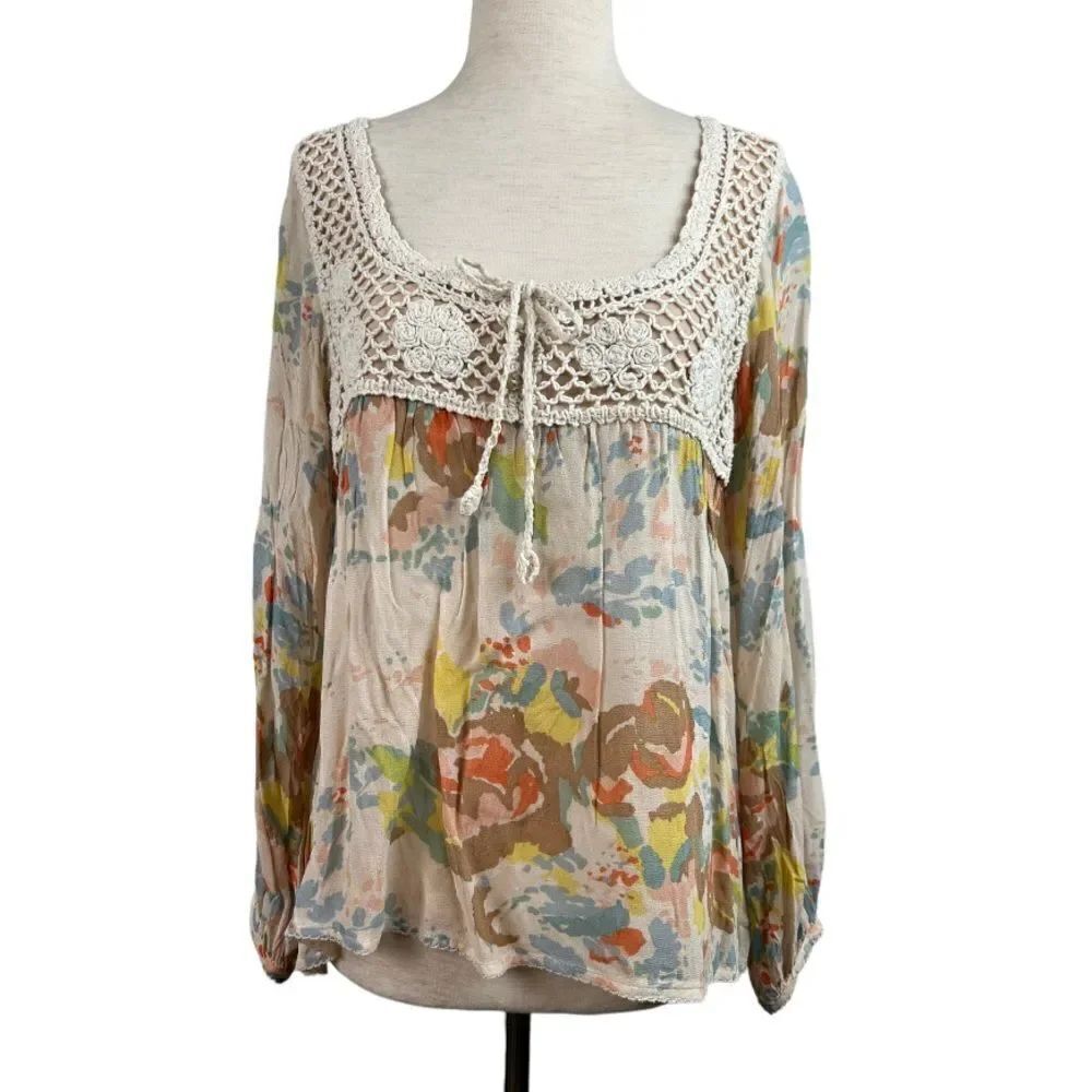 Sanctuary Boho Floral Print Crepe & Crochet Peasant Top Cream Size XS